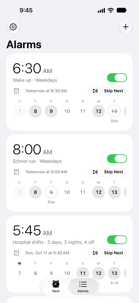 Three alarms, each with a strip of its next 14 days: a skipped Tuesday, a skipped school Friday and a shift pattern