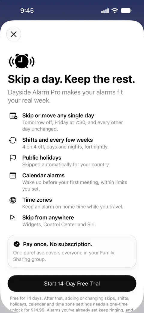 Dayside Alarm Pro: skip or move any single day, shifts, holidays, calendar alarms and time zones, with a 14-day free trial